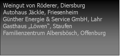 Textfeld: Weingut von Rderer, Diersburg
Autohaus Jckle, Friesenheim
Gnther Energie & Service GmbH, Lahr
Gasthaus Lwen, Staufen
Familienzentrum Albersbsch, Offenburg

